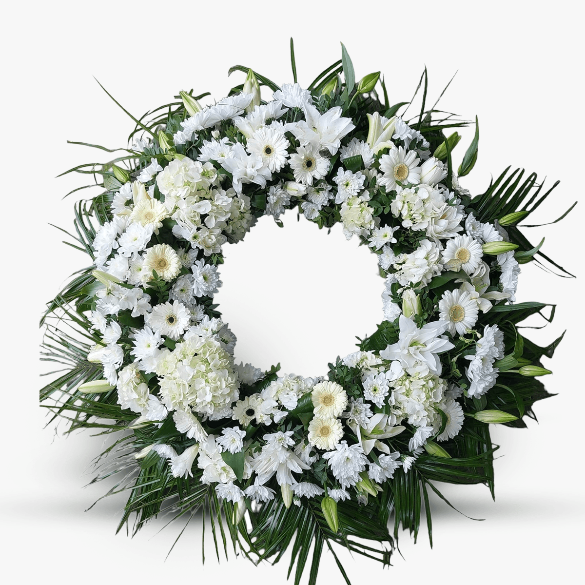 Coroana funerara cu hortensia alba, gerbera alba, crin si verdeata